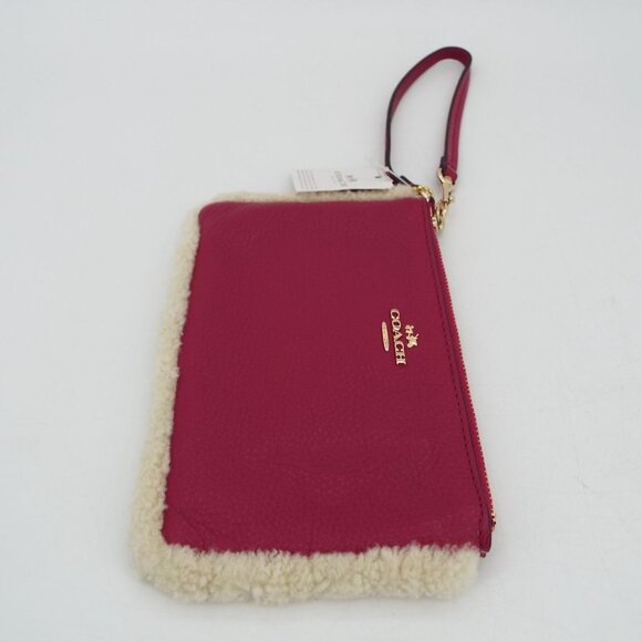 COACH Cranberry Pebbled Leather Natural Shearling Small Wristlet NWT - Picture 8 of 13